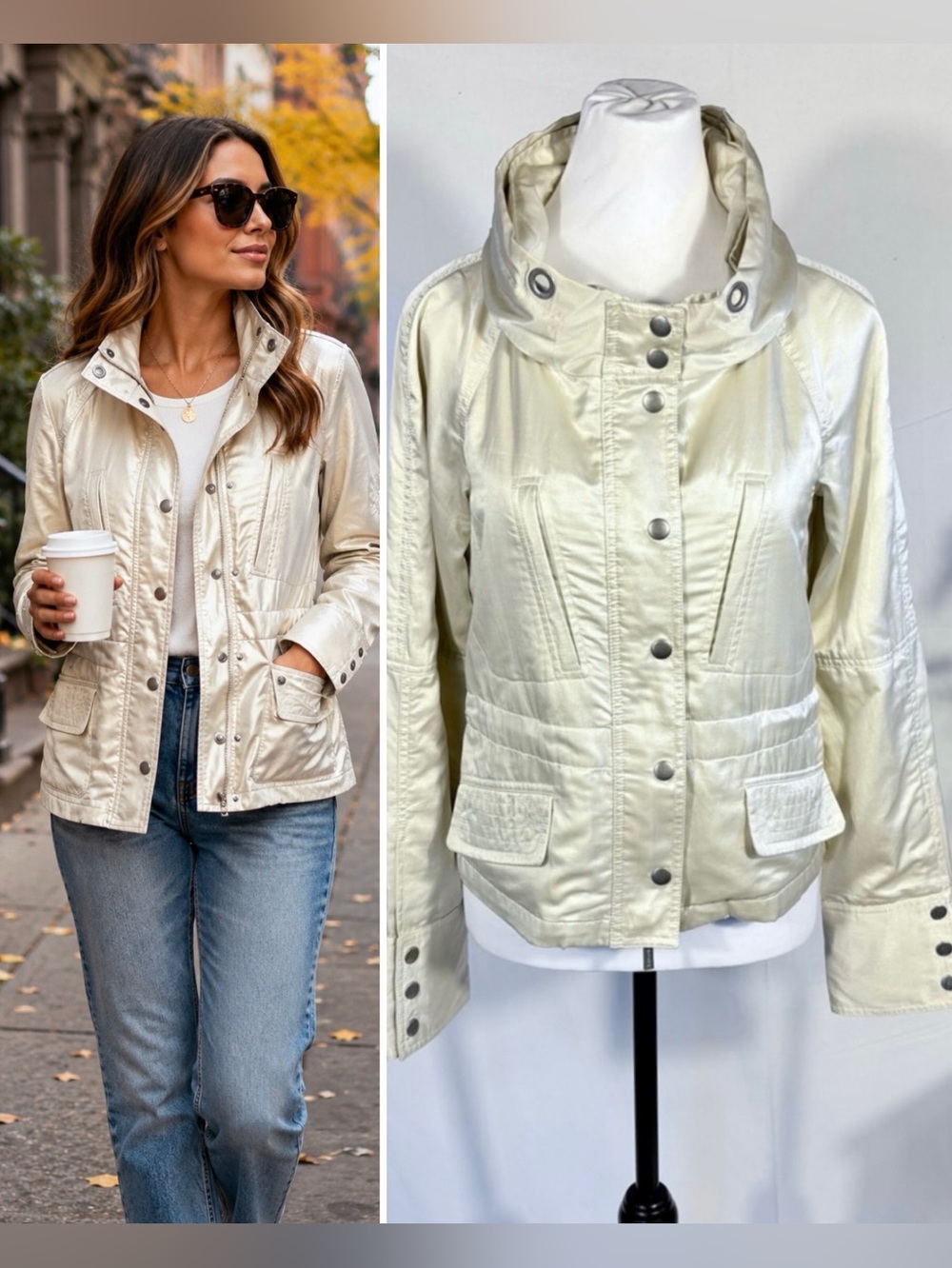 Theory Pearlized Utility Jacket Hidden Hood Adjustable Waist Cinch Ivory~S🧡